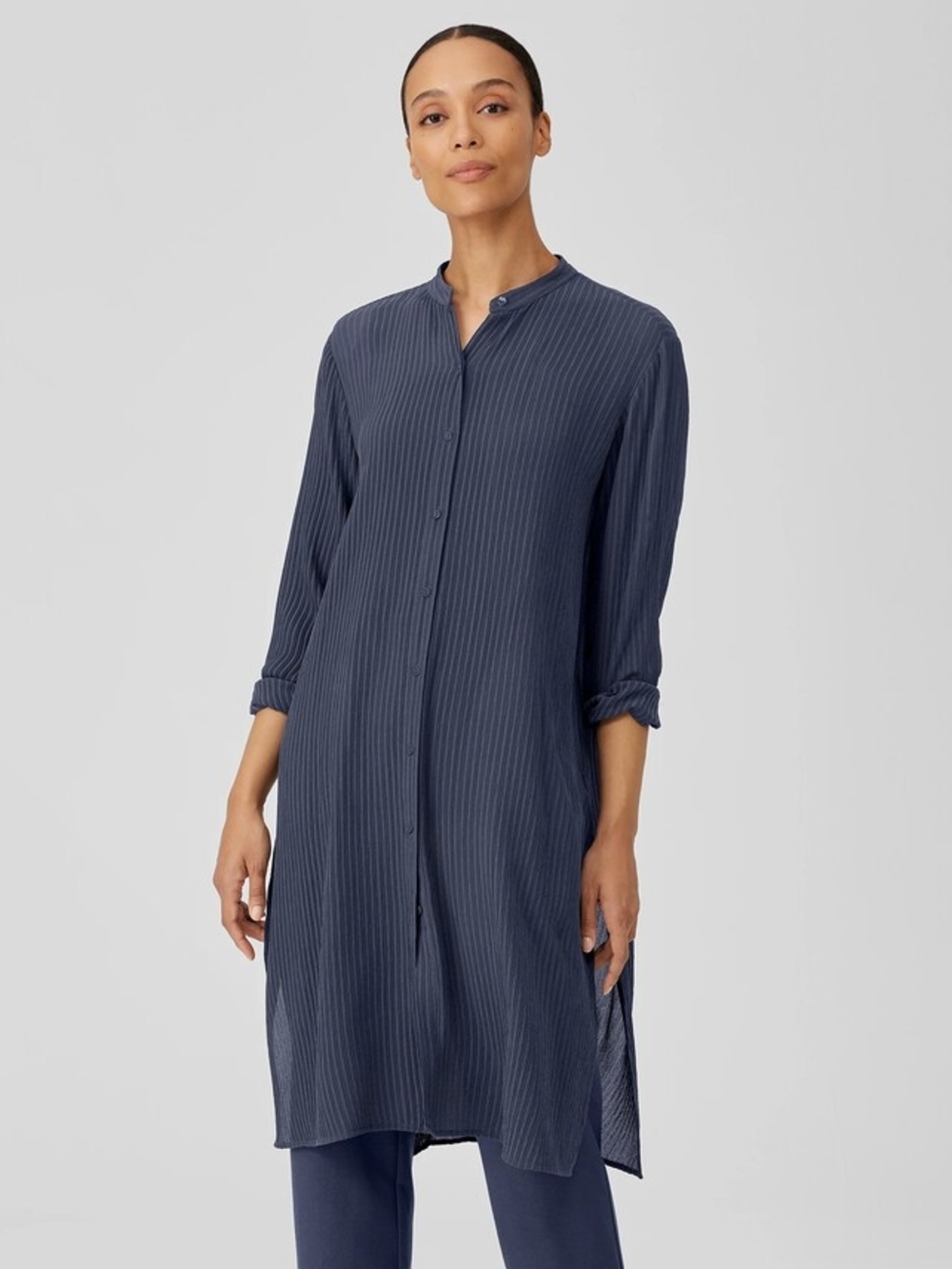 Eileen Fisher Accordion Silk Jacquard Mandarin Collar Long Shirt Sz M